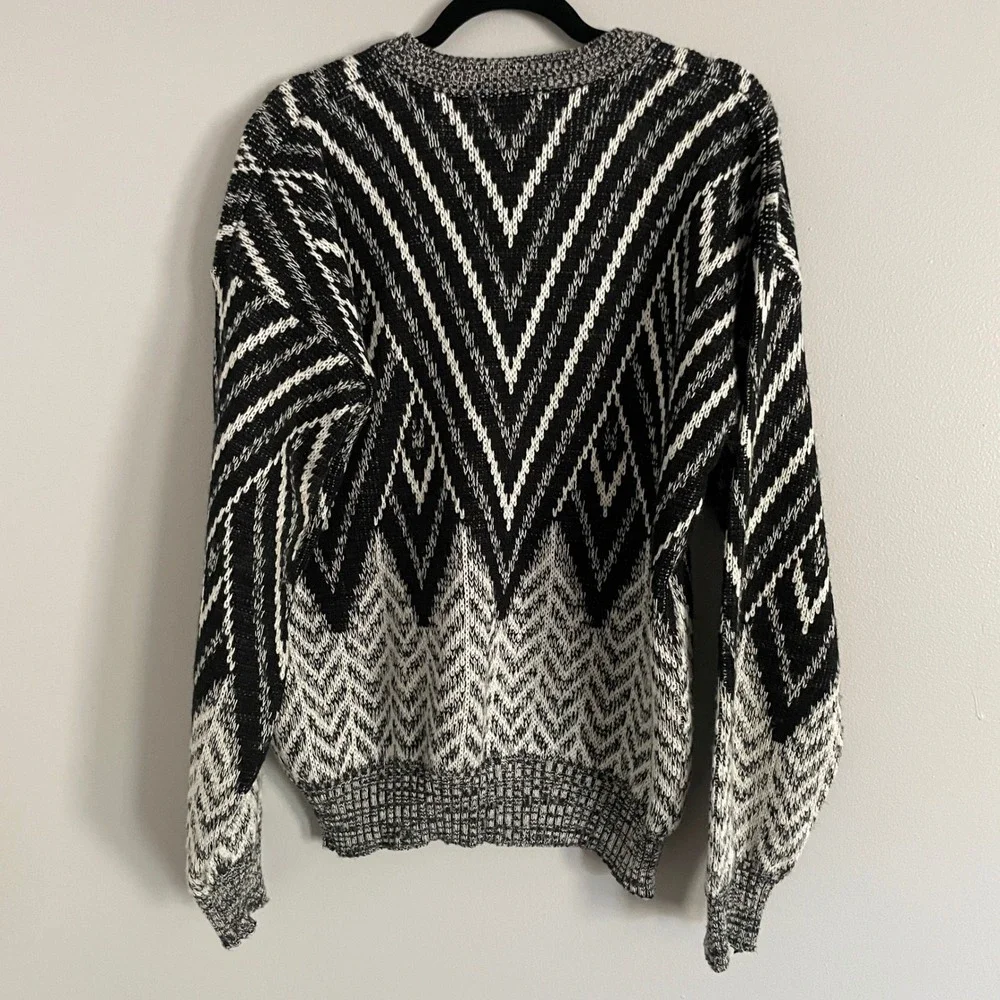 Vintage Chartwell Mens‎ Large Black White Chevron Knit Cardigan Leather Trim L